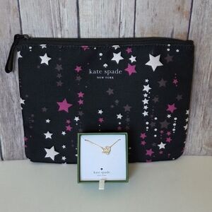 Kate Spade Black Star Print Cosmetic Pouch Bundled With KS Gold Necklace NIB